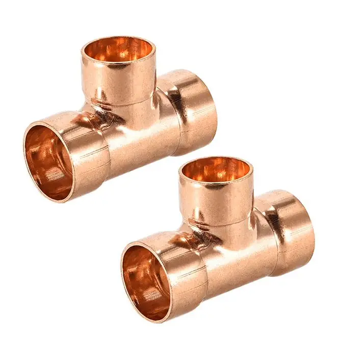 Two copper T-shaped pipe fittings