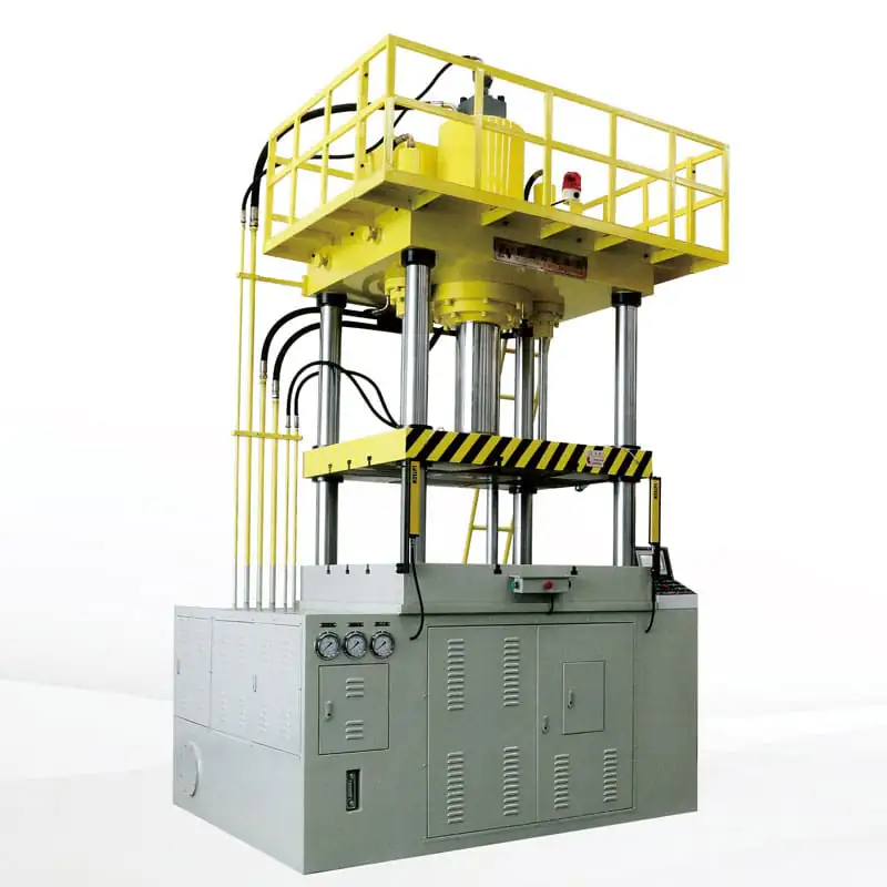 Four column hydraulic stretching press with a yellow upper platform