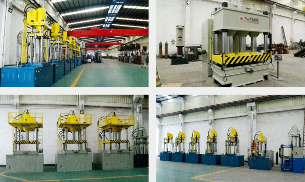 Collage showing rows of hydraulic presses inside manufacturing workshops