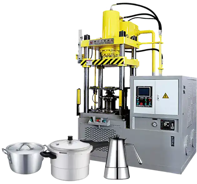 Yellow and blue hydraulic press beside formed stainless steel cookware