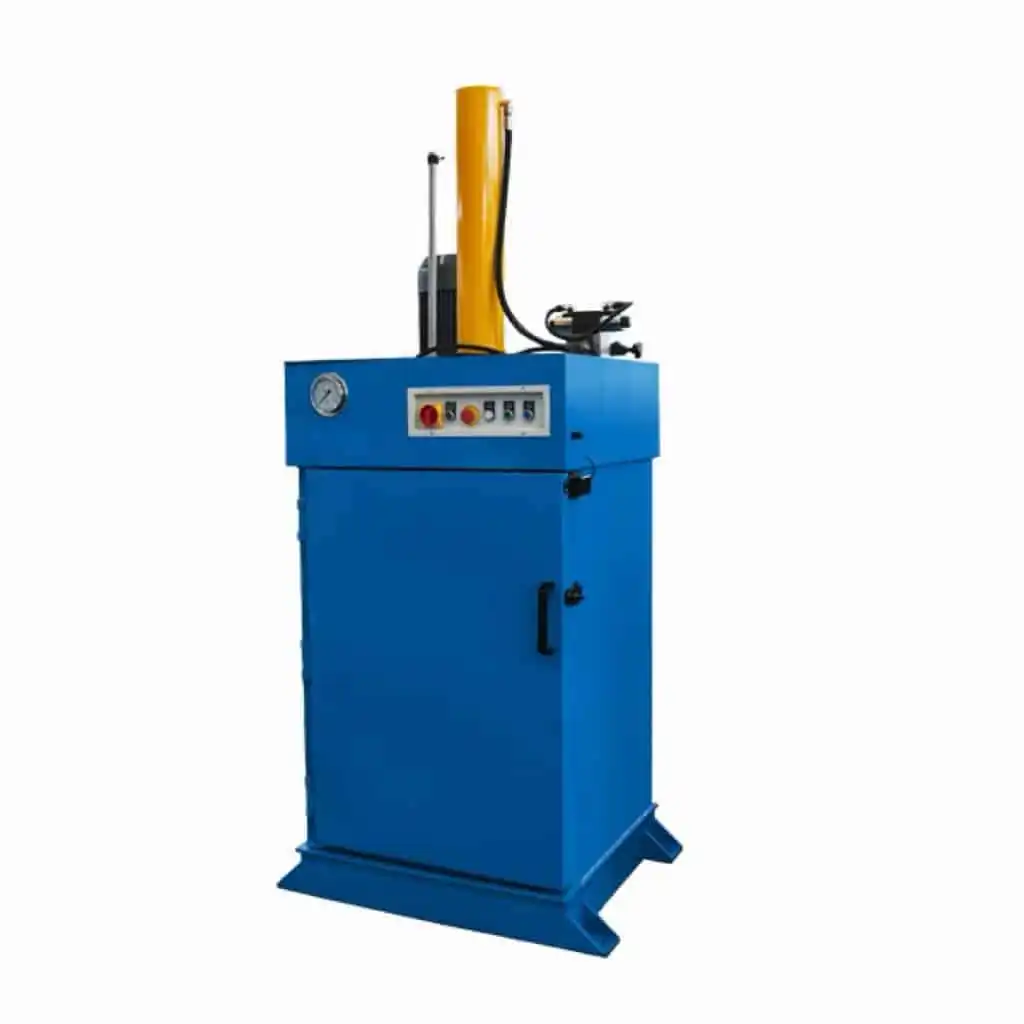 Side view of a blue oil drum baler with a yellow cylinder